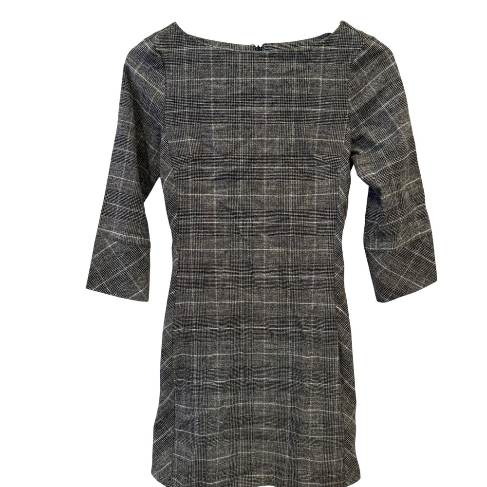 H&M Women's Plaid Sheath Dress 3/4 Sleeve Boat Neck Button Detail Mini Size